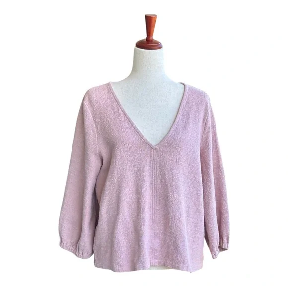 Madewell V-Neck Spring Blouse Textured Puff Sleeve Top Blush Pink Romantic XL - Picture 3 of 15